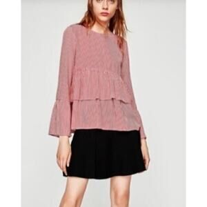 Zara‎ Trafaluc Shirt Womens XS Red White Striped Long Sleeve Ruffle Blouse Top